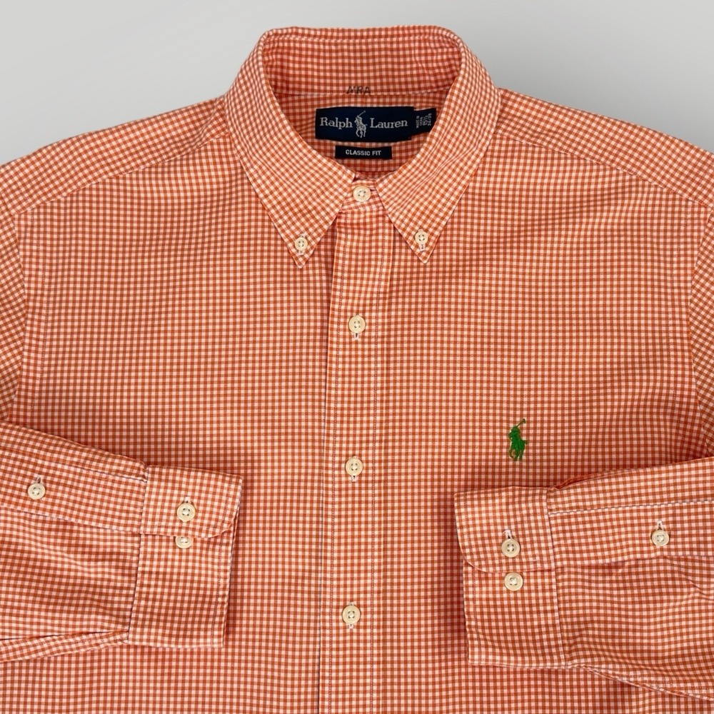 Ralph Lauren Shirt Mens‎ 15.5 34/35 Orange Gingham Long Sleeve Cotton Green Pony